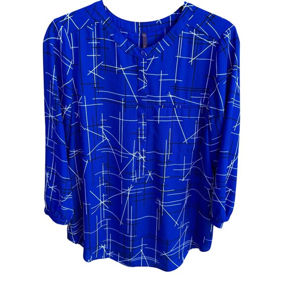 NYDJ Tops - NYDJ Womens Blue Geometric Print Long Sleeve Pleated Back Preppy Tunic Blouse M